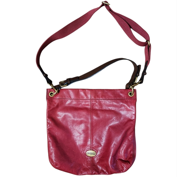 Fossil Handbags - Fossil red genuine cowhide pebbled leather crossbody shoulder bag brass Hardware